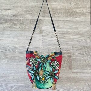 Mary Frances Beaded Reptile Leather Fabric Shoulder Bag Handbag